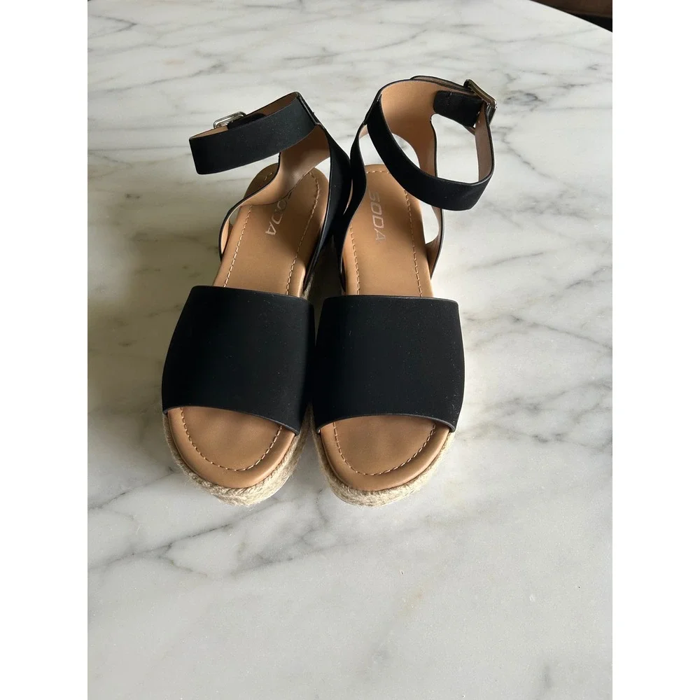 Soda Womens Black Espadrille Platform Sandals Ankle Strap Wedge Open Toe 7.5